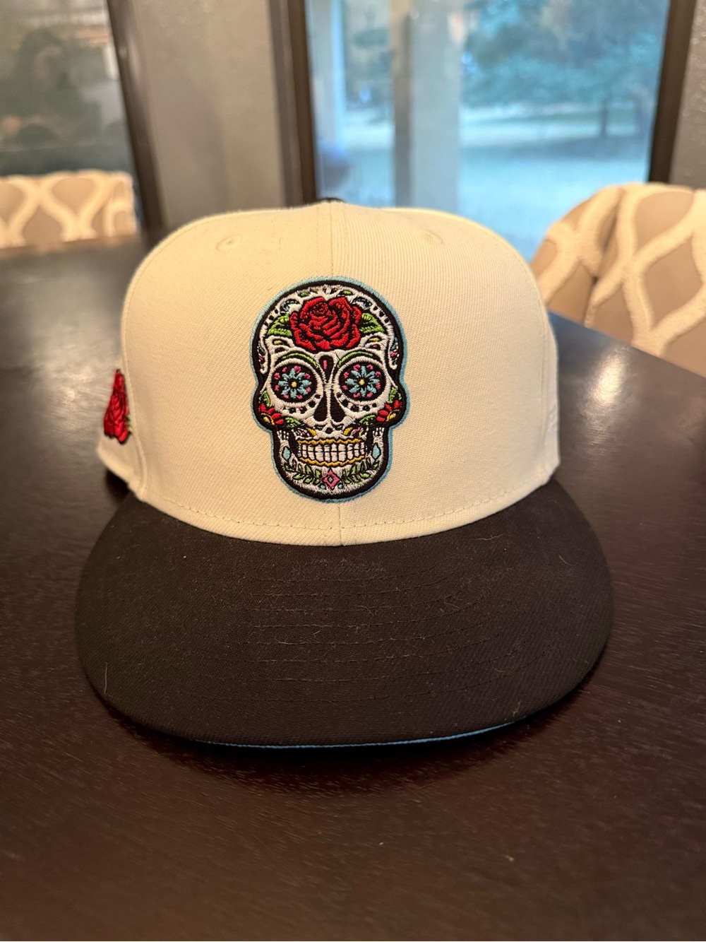 Cream and Black Snapback Hat with Embroidered Sugar Skull